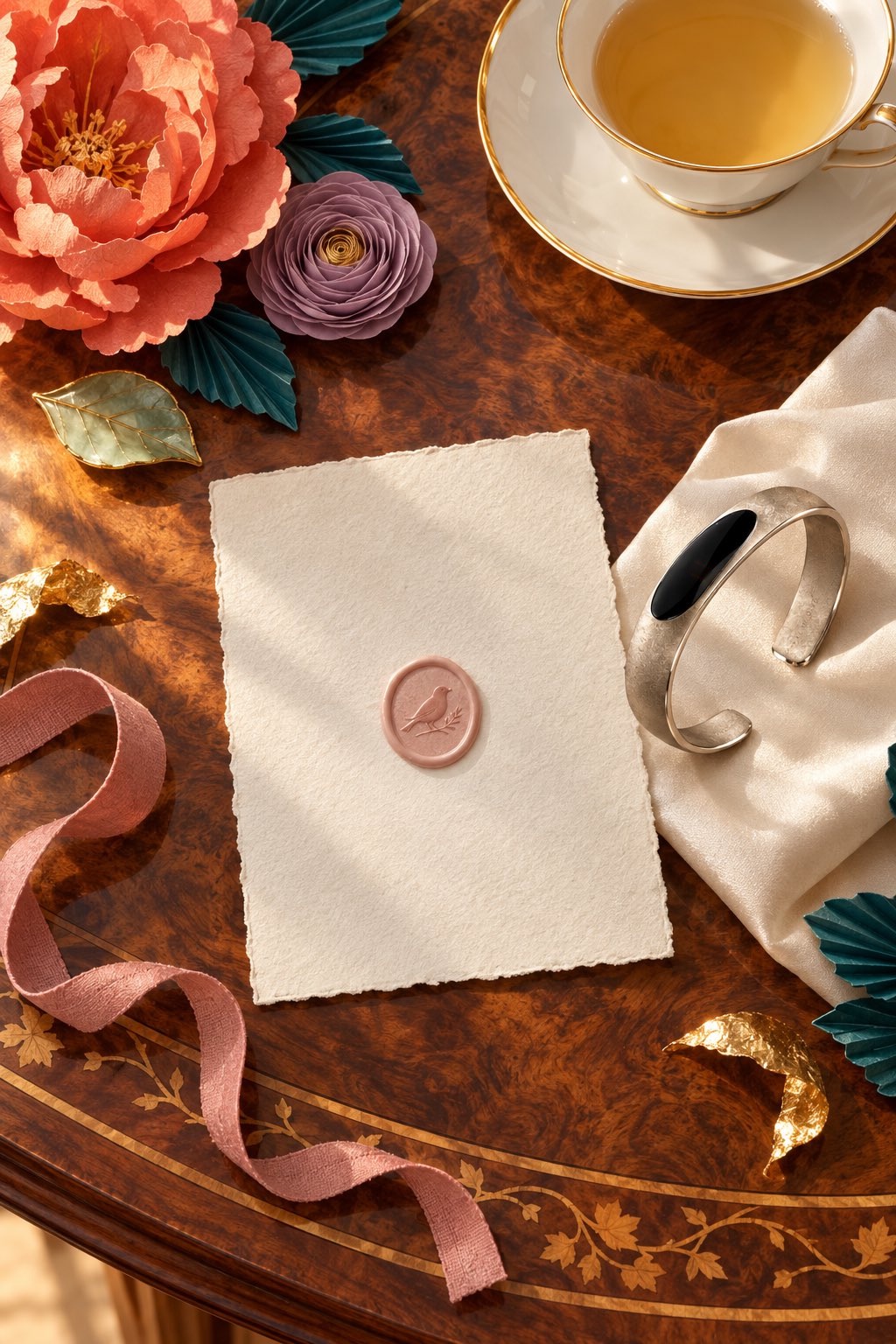 A blank deckled invitation sealed with blush wax pressed with a finch, beside Le Pinson on folded silk, a cup of tea and paper flowers on a walnut marquetry table