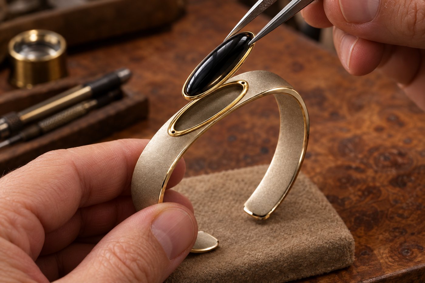 Render of an artisan setting the stone module into the cuff with tweezers