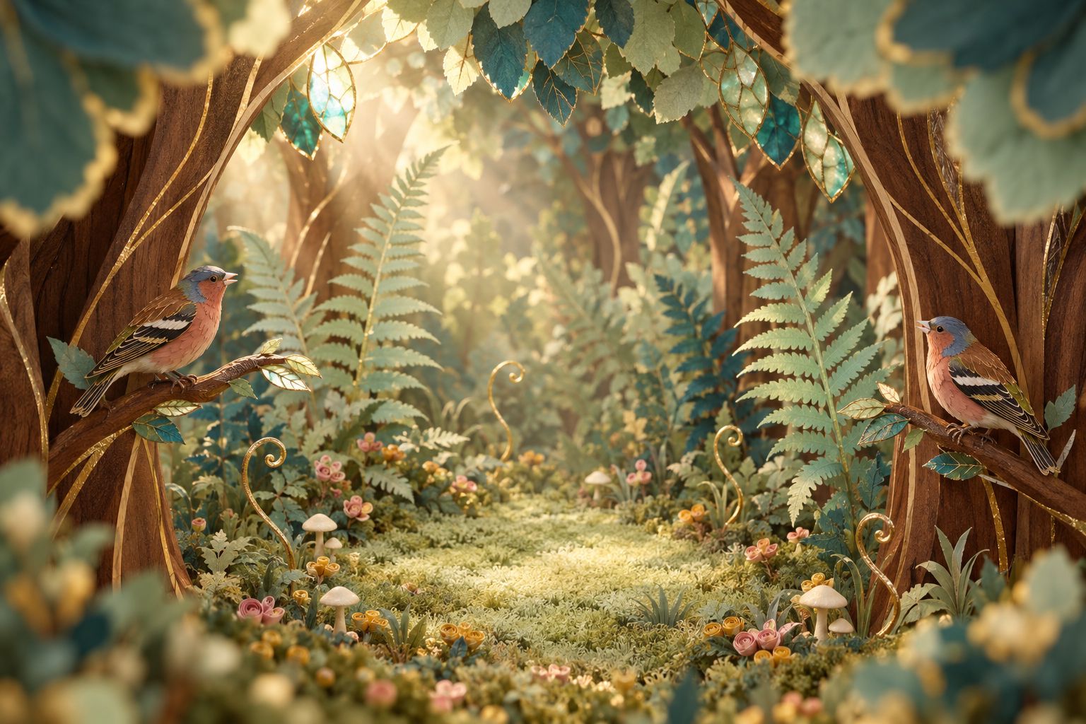 A sunlit clearing of walnut marquetry trees, paper ferns and glowing enamel leaves