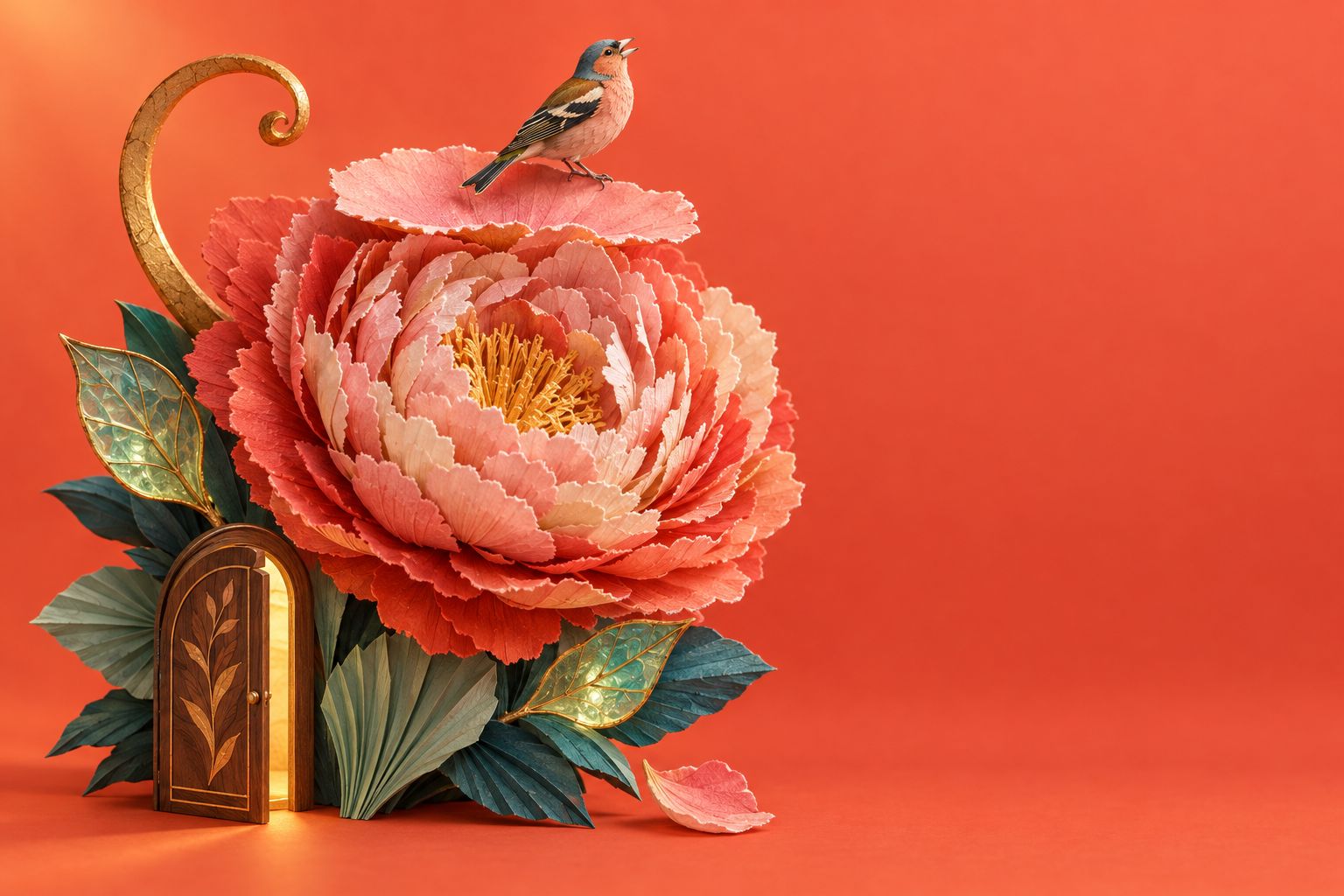 A chaffinch of paper and gold leaf on a paper peony larger than a door