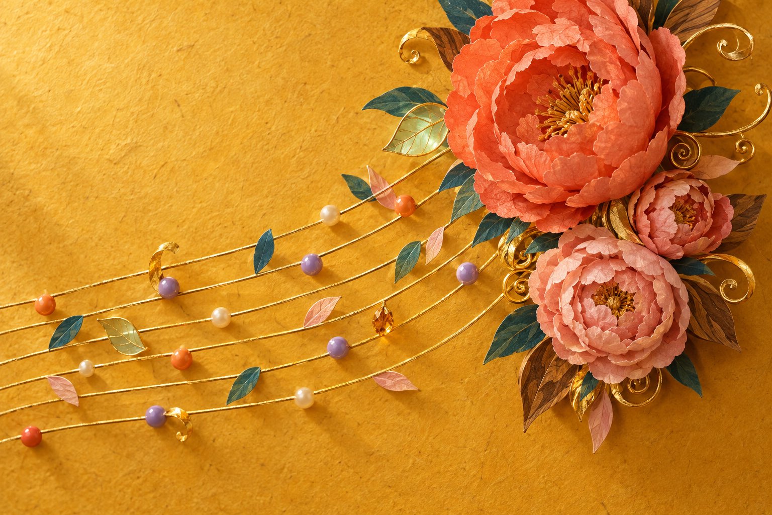 Five gold wire staves sweeping across saffron paper, strung with enamel berries and paper leaves like notes, towards a cluster of coral paper peonies