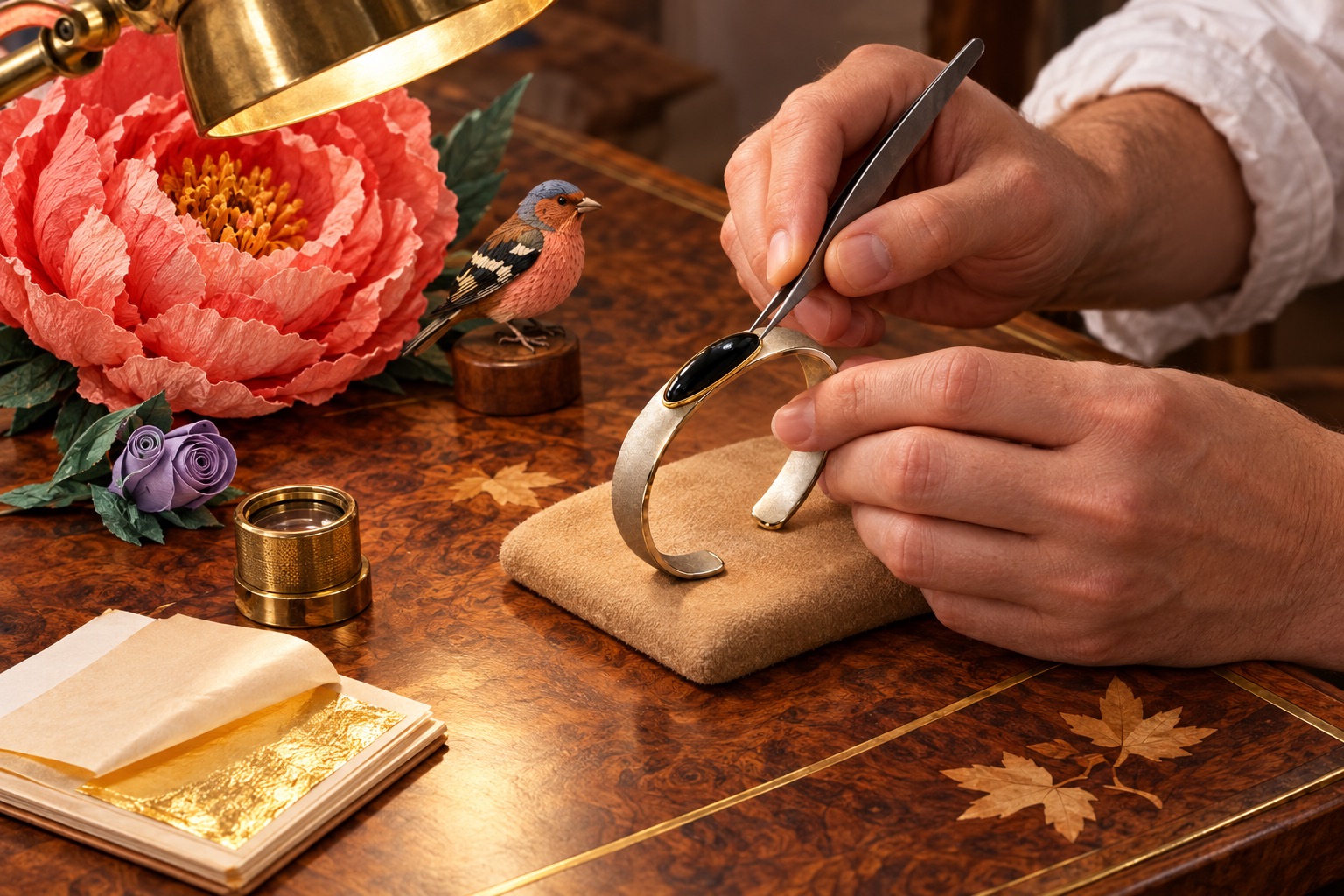 A jeweller's hands with fine tweezers setting the domed black sapphire of a champagne titanium cuff, on a chamois pad at a walnut marquetry bench lit by a brass lamp