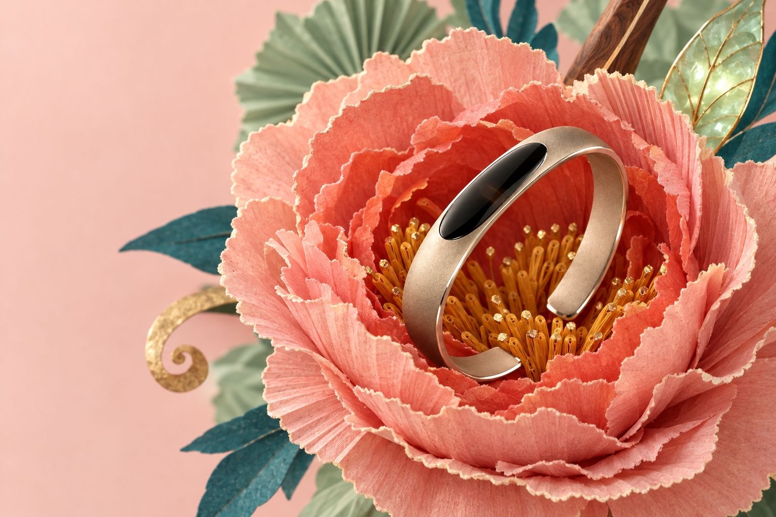 Le Pinson cuff resting inside a giant blush and coral paper peony