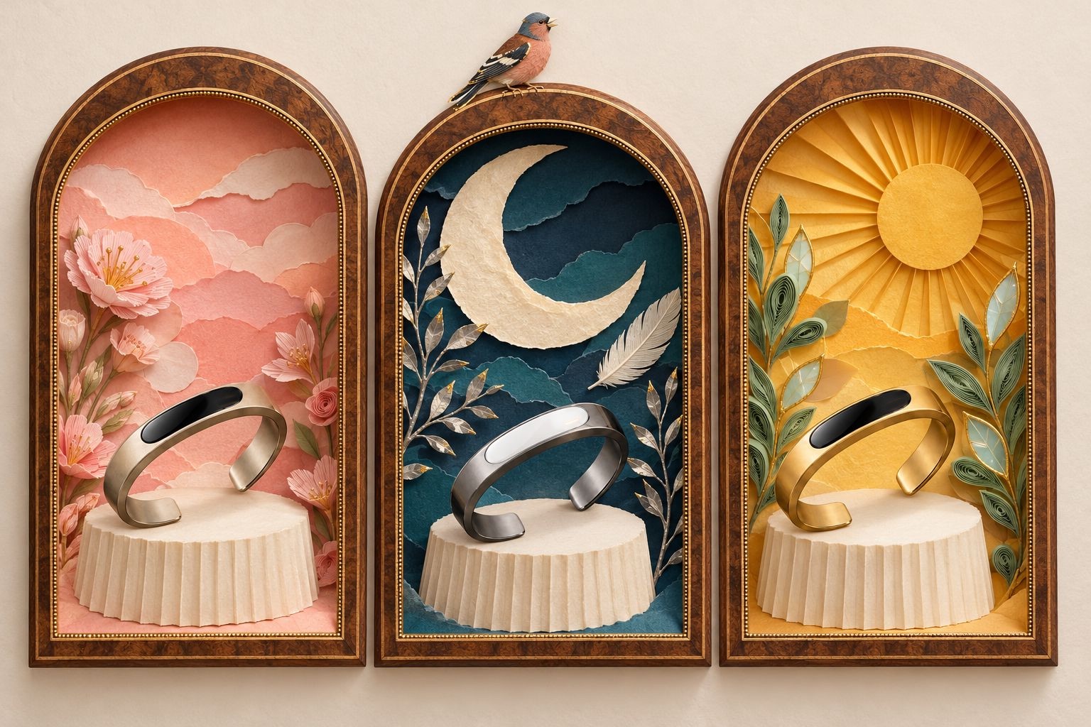 Three arched walnut niches: dawn, moonlight and the singing sun, each holding Le Pinson in a different finish