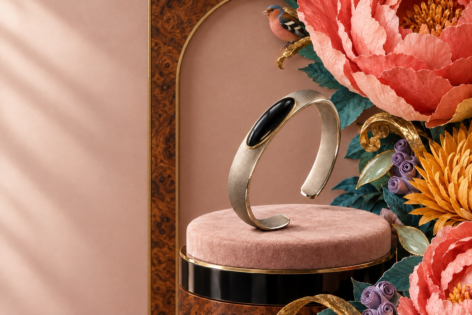 Le Pinson, a slim champagne titanium cuff with a domed black sapphire oval in a gold bezel, standing on a blush velvet plinth in a walnut marquetry window of paper peonies and chrysanthemums