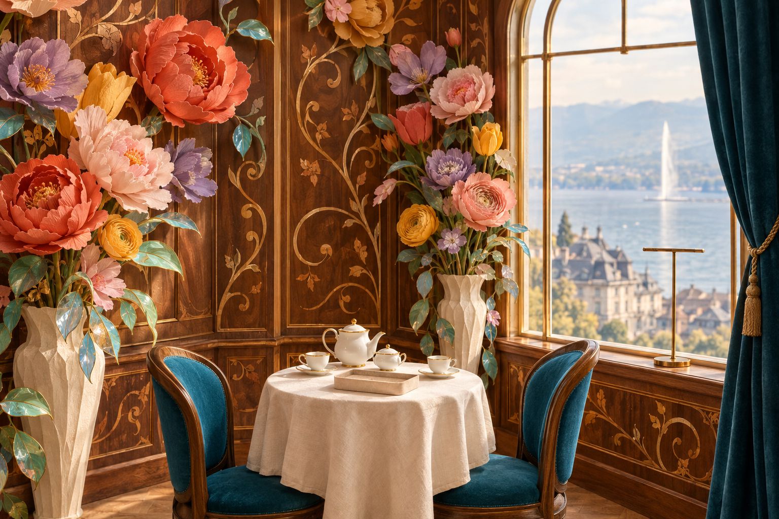 A small walnut-panelled salon with oversized paper flowers, a tea table and an arched window onto Lake Geneva