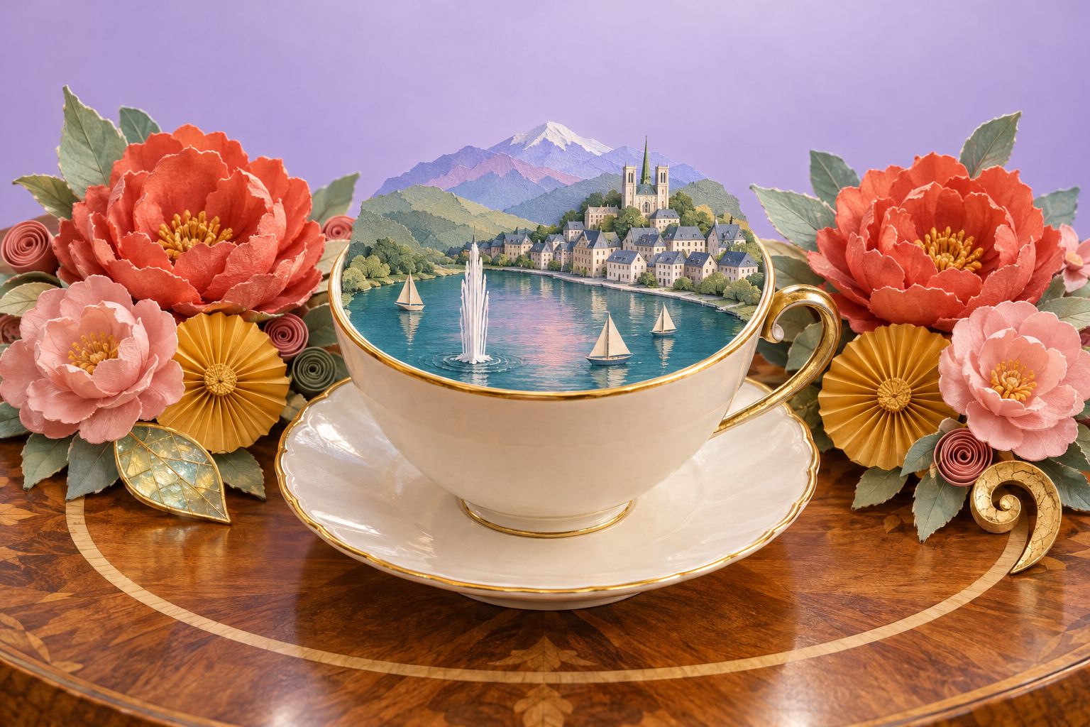Lake Geneva with sailboats and the fountain, held inside a porcelain teacup on a walnut table