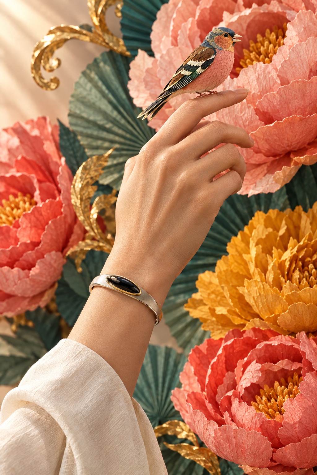 A raised wrist in an ivory silk sleeve wearing Le Pinson, a paper chaffinch perched on the index finger
